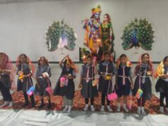 गुप्त नवरात्र पर्व नवमी में माता जी का अभिषेक आरती करके कराया गया कन्याभोज